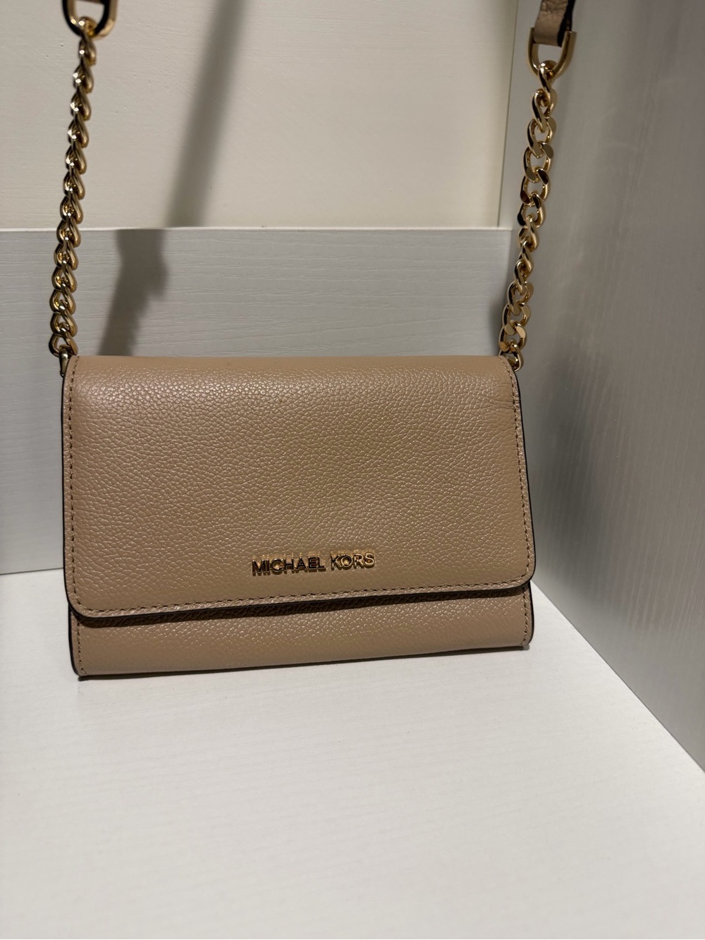 Michael Kors Taupe Pebbled Leather Chain Crossbody